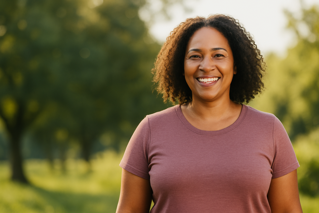 A smiling woman in a casual outfit stands outdoors in soft natural light, radiating confidence and wellness, representing health and vitality in a weight loss and integrative medicine context.