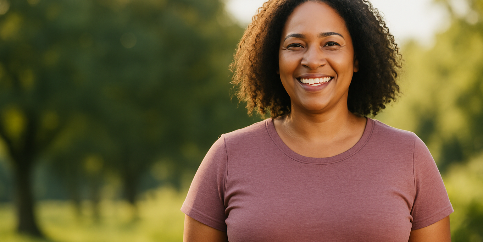A smiling woman in a casual outfit stands outdoors in soft natural light, radiating confidence and wellness, representing health and vitality in a weight loss and integrative medicine context.