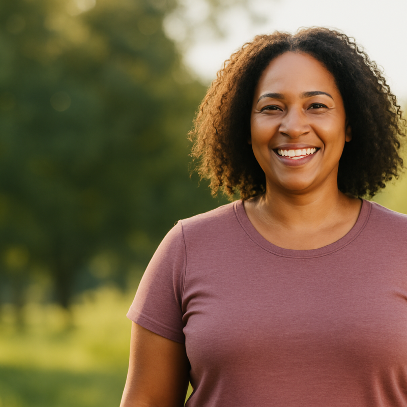 A smiling woman in a casual outfit stands outdoors in soft natural light, radiating confidence and wellness, representing health and vitality in a weight loss and integrative medicine context.